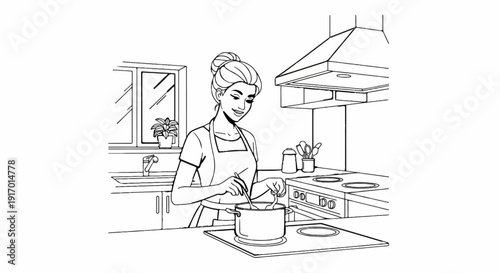 Person in apron stirring pot on stovetop in kitchen