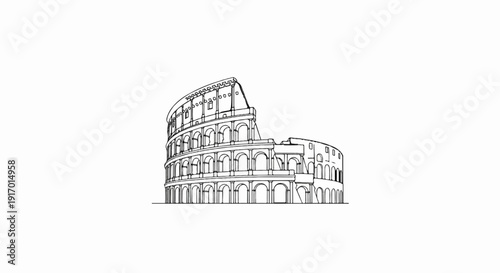Sketch of an ancient oval amphitheater with arched levels against white background