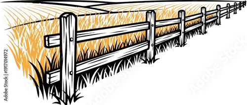 Rustic wooden fence borders a golden wheat field under a striped horizon