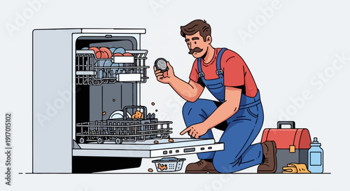 Technician repairs open dishwasher, holding filter, tools nearby