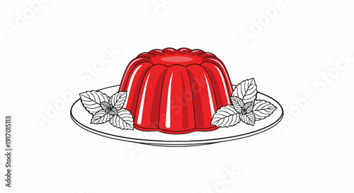 A glistening red jelly molded dessert on a plate with mint leaves