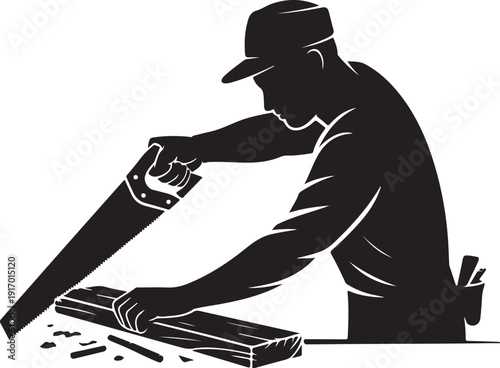 Black silhouette of man cutting wood with large saw