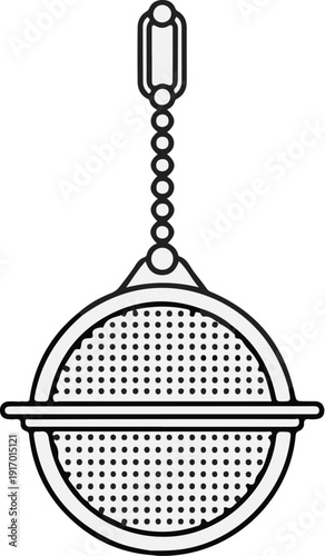 A line art illustration of a spherical tea infuser with a chain