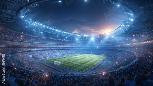 A large, illuminated stadium filled with spectators and a well-lit field.