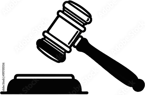 A black and white illustration of a judge's gavel striking a block, symbolizing justice