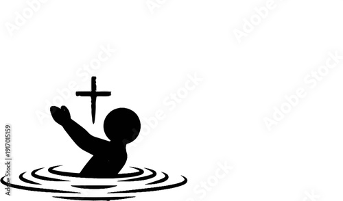 Figure in water with outstretched arm and a cross