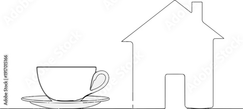 A simple line drawing of a house and a teacup on a saucer