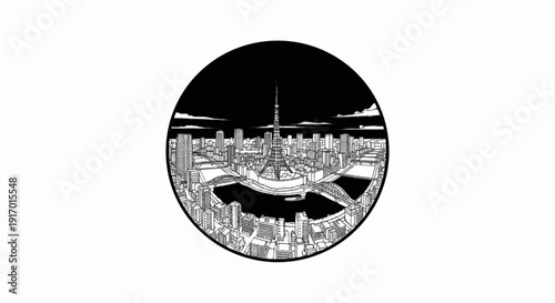 Detailed black and white illustration of a futuristic cityscape with a prominent tower and waterways