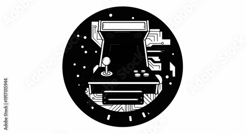 Retro arcade machine with joystick and buttons, on circuitry