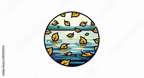 Pixel art circle with autumn leaves floating on water