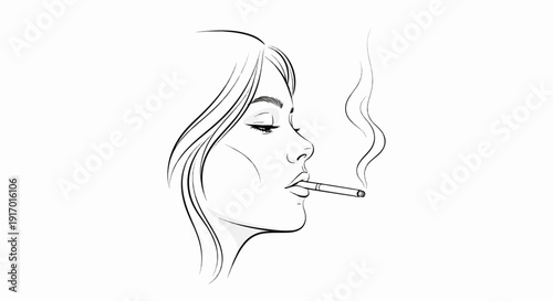 Elegant profile sketch of a woman exhaling smoke from a cigarette