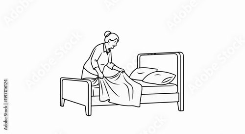 Elderly woman neatly making a bed with two pillows and a blanket