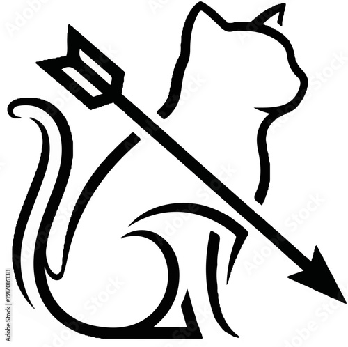 Stylized black outline of a cat with an arrow passing through its body