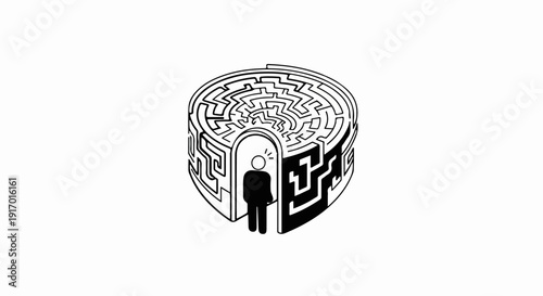 Stylized person at entrance of complex circular labyrinth