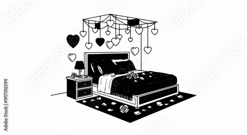 A romantically decorated bedroom with heart ornaments and rose petals
