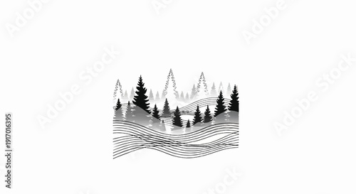 Stylized monochrome forest scene with layered hills and flowing lines
