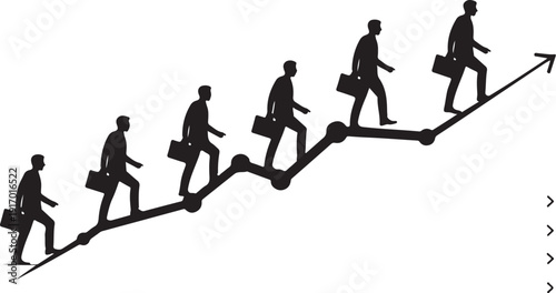 Black silhouettes of people climbing an upward arrow with briefcases