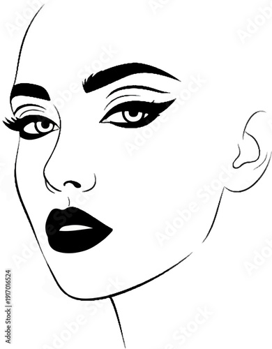 Striking black and white outline drawing of a woman's face, focused on eyes and lips