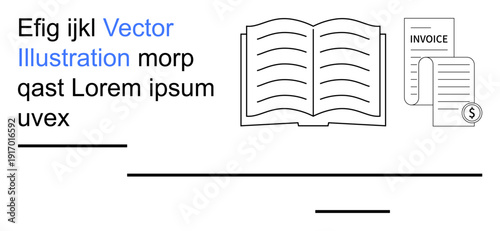 Education, documentation, bookkeeping, accounting, business analysis, finance. Open book with text next to invoice icons. Education and bookkeeping concepts