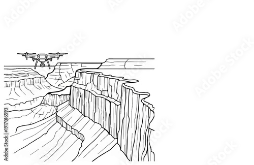 Unmanned aerial vehicle hovers above a vast canyon with layered rock formations