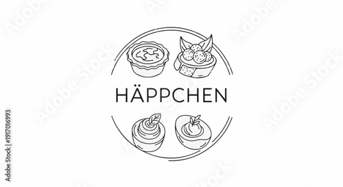 A circular logo with four food icons and text in the center