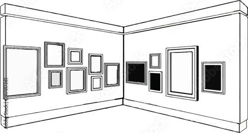 A corner of a room displaying framed art on two walls
