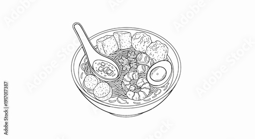 Black and white illustration of a noodle soup bowl with spoon and toppings