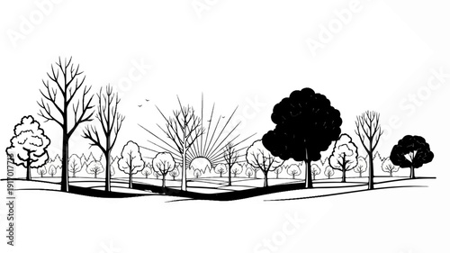 Diverse trees and a sunburst rise over a rolling landscape with flying birds