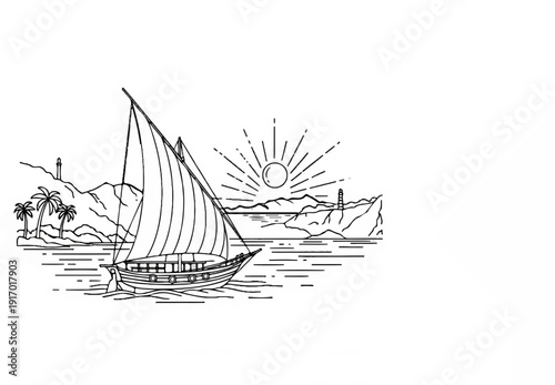 Sailboat glides on water near tropical islands under radiant sun