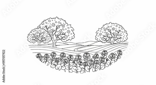 A picturesque landscape sketch featuring blooming flowers and trees