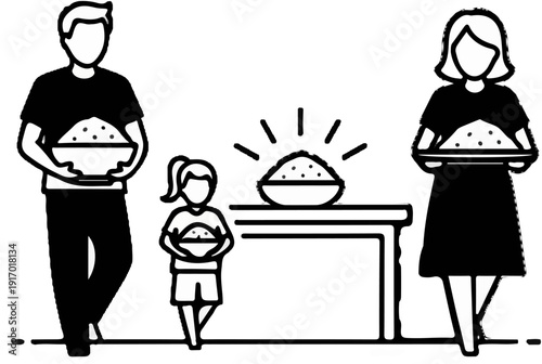 Family shares a bountiful meal, smiling faces and a table laden with food