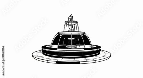 A detailed black and white illustration of an ornate, tiered fountain with a pedestal