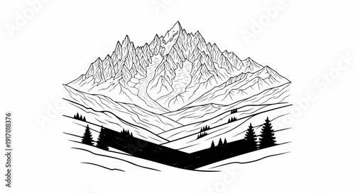Detailed black and white line art of a majestic mountain range with a glacier
