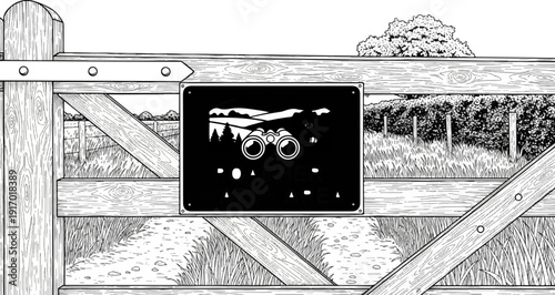 Countryside gate with binoculars sign, indicating a viewing area