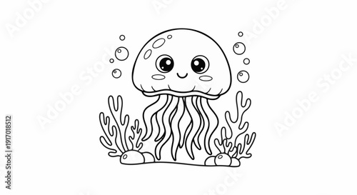 A cute, smiling jellyfish with long tentacles floats among seaweed