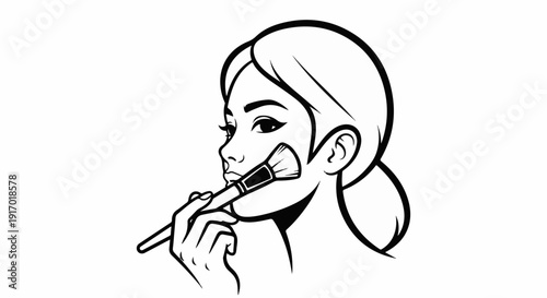 Stylized black and white line art of a woman applying makeup to her cheek