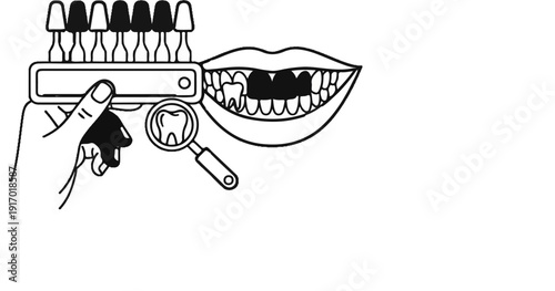 Dental chart with tooth samples, hand holding magnifier, and open mouth
