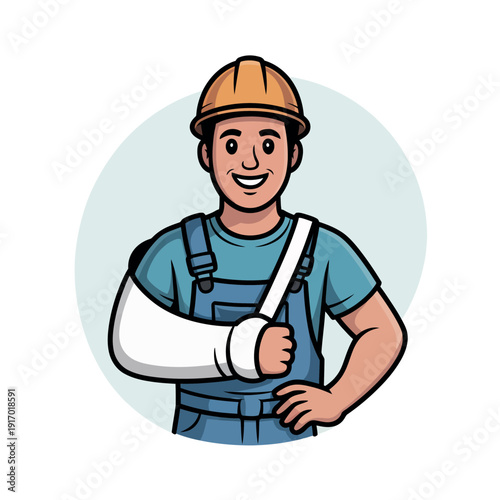 A smiling construction worker wearing a hard hat and a sling on his arm
