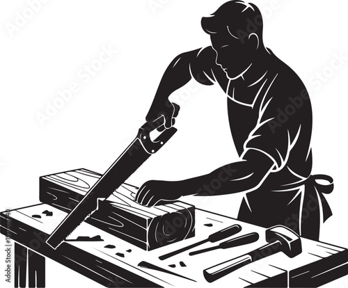 Man using a saw to cut wood on a workbench with tools