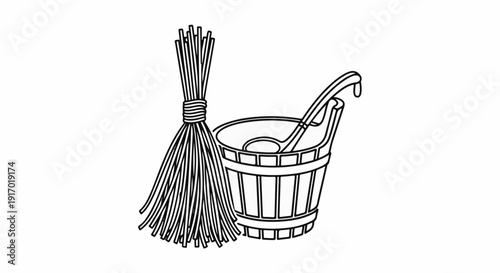 Line art of a wooden bucket with a ladle and a bundle of branches