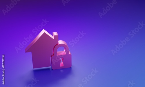 Pink House under protection icon isolated on purple-blue background. Home and lock. Protection, safety, security, protect, defense concept. Minimalism concept. 3D render illustration