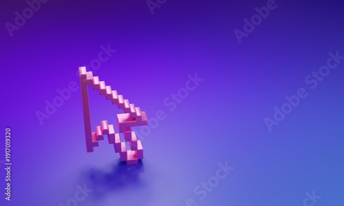Pink Pixel arrow cursor icon isolated on purple-blue background. Minimalism concept. 3D render illustration