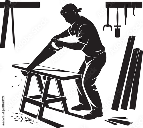 Person Planing Wood on a Workbench in a Workshop woodworking