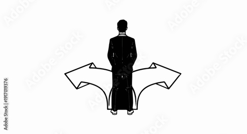 Man in suit facing two diverging arrow paths
