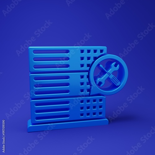 Blue Database server with screwdriver and wrench icon isolated on blue background. Adjusting, service, setting, maintenance, repair, fixing. Minimalism concept. 3D render illustration