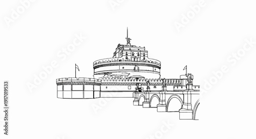 Stylized line drawing of a cylindrical fortress with a bridge