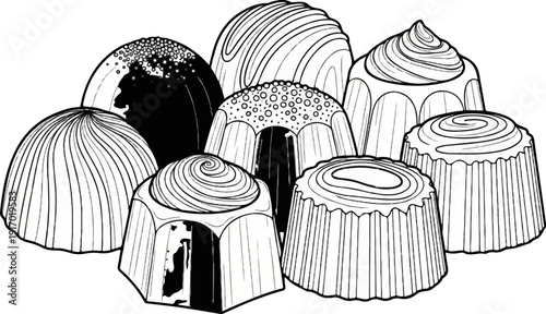 Assortment of various chocolate confections in a black and white drawing