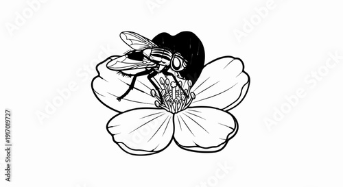 Close-up line art illustration of a fly perched on a flower