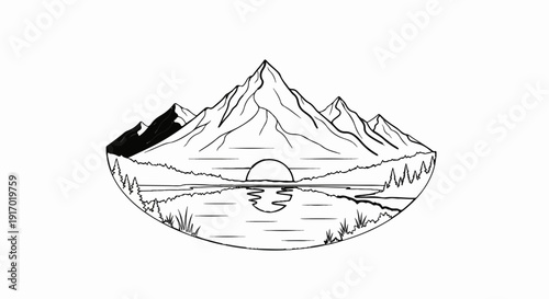 A minimalist black and white drawing of a mountain range over a lake