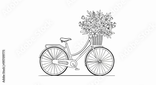 Vintage bicycle with a basket full of blooming flowers